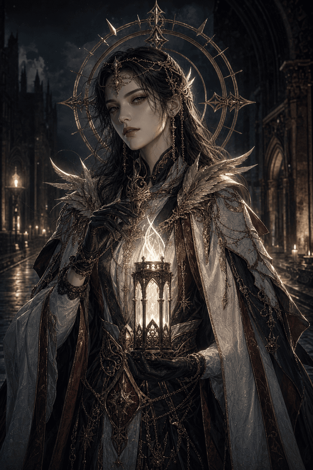 白夜使者半身角色图，手持发光灯笼