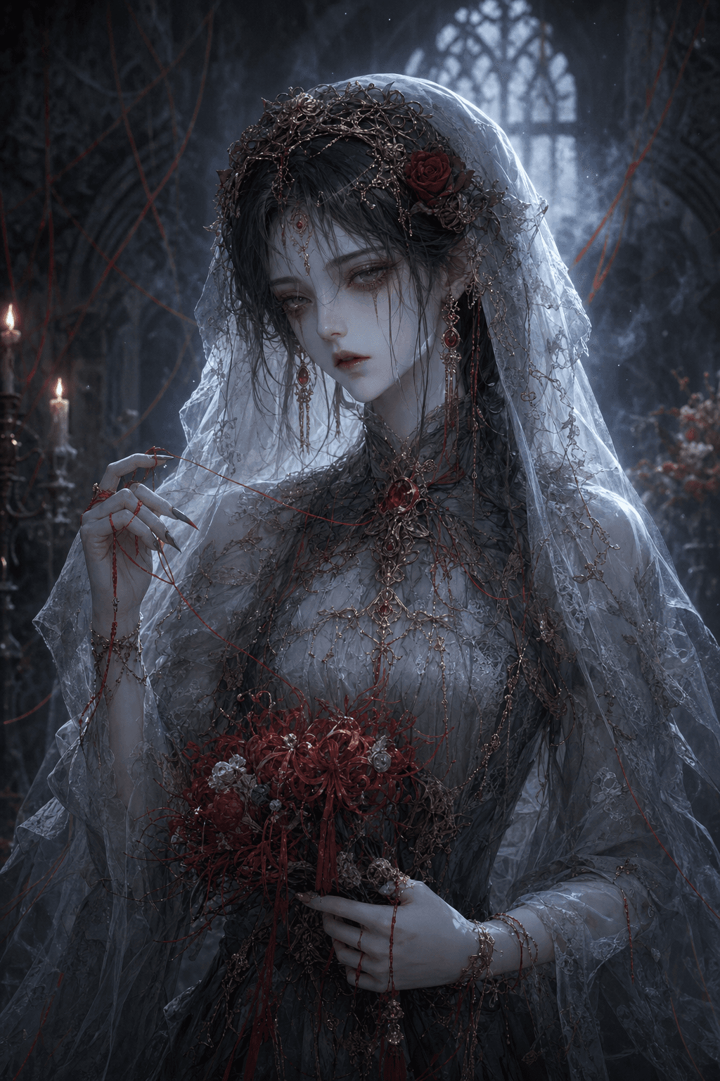 鬼魂新娘半身角色图，幽灵婚纱与红花